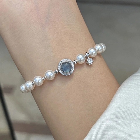 Elegant Artificial Pearl Bracelet For Women With Round Blue Zircon And Star Charm Copper Jewelry Elegant Accessory