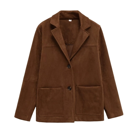 Dames Vintage Suède-look Jas Revers Single Breasted Blazer Bovenkleding Bruin Lange Mouw Polyester Mantel Met Opgestikte Zakken