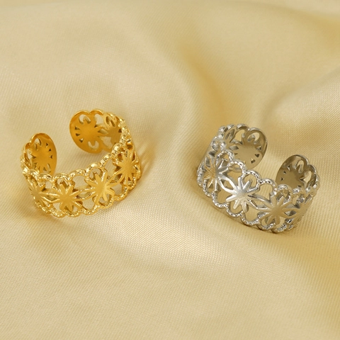 Anillo Ajustable De Flor Hueca Acero Inoxidable Chapado En Oro 18K Estilo Retro Banda Abierta Para Mujer Elegante