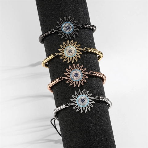 Bracciale Charm Girasole Malocchio Rame Zirconia Regolabile Corda Intrecciata Gioielli Bohémien Etnici Per Donna