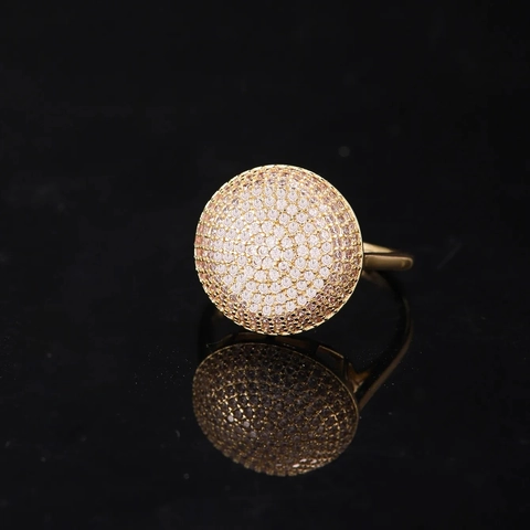 Zirkonia Dicht Besetzter Runder Kuppelring Kupfer Vergoldet Verstellbares Offenes Band Mode Nische Eleganter Schmuck Für Frauen