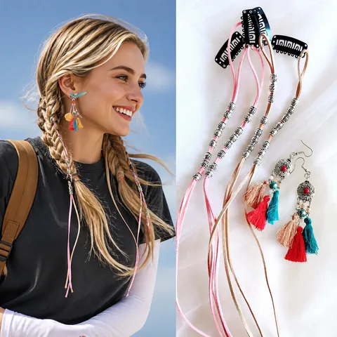 Bohemian Hair Extension Clip Suede Braiding Rope With Metal Beads Chain Tassels Ethnic Vintage Hair Accessories For Women