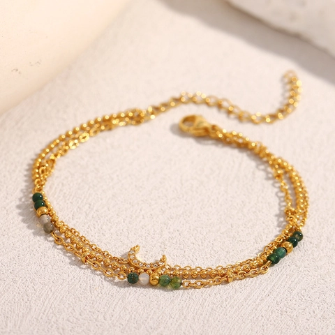 Triple Layered Moon Pendant Bracelet Stainless Steel 18K Gold Plated Multi Color Beads Adjustable Jewelry For Women