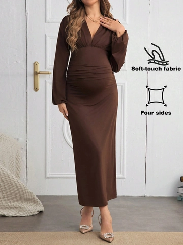 Vestido De Maternidad Cuello En V Manga Larga Fruncido Color Sólido Ajustado Poliéster Elastano Vestido Maxi Para Mujeres Embarazadas