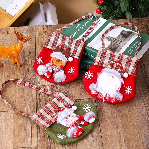 Bolsas De Regalo De Navidad De Fieltro Bolsa Para Caramelos Manzana Con Papá Noel Muñeco De Nieve Reno 3D Cuadros Festivo
