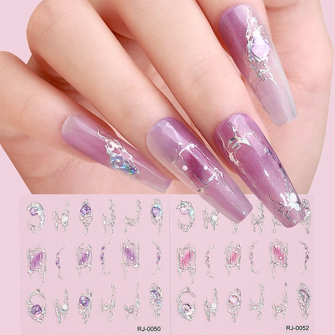 Adesivi Per Unghie Rilievo 5D Texture Metallo Liquido Argento Finto Diamante Strass Decalcomanie Manicure Fai Da Te