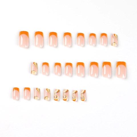 Oranje French Tip Press On Nagels Met Golfpatronen En Gouden Glitter Glanzende Kunstnagels Voor Vrouwen