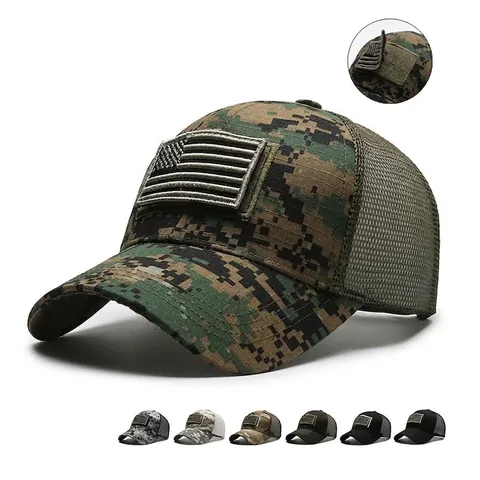 Cappello Da Baseball Tattico Cotone Mesh Traspirante Camouflage Outdoor Stile Militare Con Patch Velcro Bandiera USA