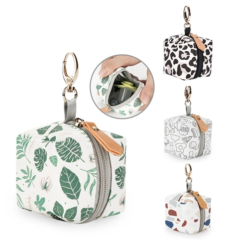 Mini Pacifier Holder Bag PU Leather Cube Shape Storage Case With Metal Clip For Diaper Bag Accessory Waterproof Portable