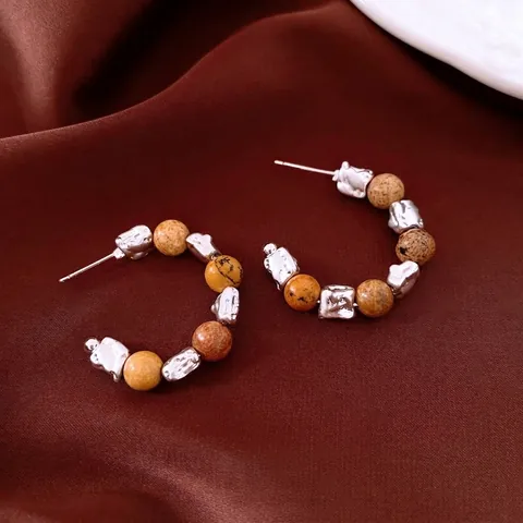 Retro C-Hoop-Ohrringe Mit Unregelmäßigen Kupferperlen Und Steinperlen Mit 925er Sterling Silber Ohrstecker Bohemian Stil