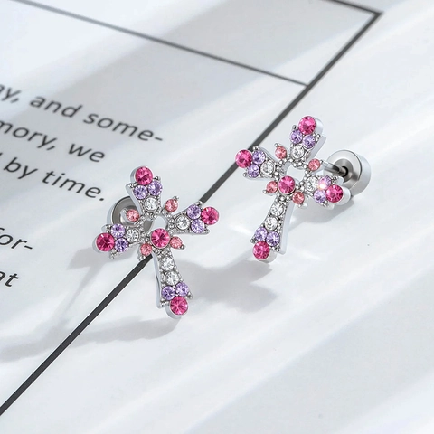 Cross Ear Cartilage Stud Titanium Steel Copper Zircon Screw Back Hollow Heart Lace Fashion Body Jewelry For Women Men