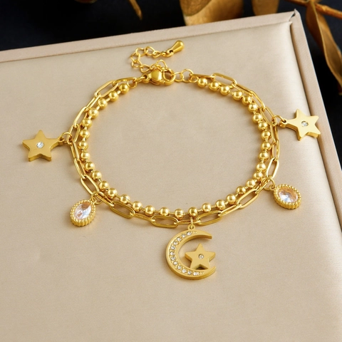 Layered Bracelet Gold Plated Stainless Steel Star Moon Flower Cubic Zirconia Dainty Minimalist Jewelry For Women