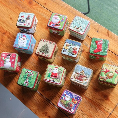 Christmas Square Tinplate Metal Gift Packaging Boxes Embossed Festive Patterns Santa Snowman Candy Storage For Holiday Party