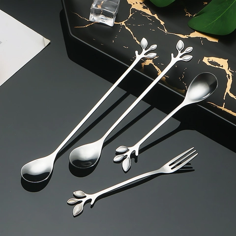 Stainless Steel Leaf Spoon And Fork Creative Branch Shape Dessert Coffee Stirring Fruit Cake Appetizer Modern Elegant Tableware