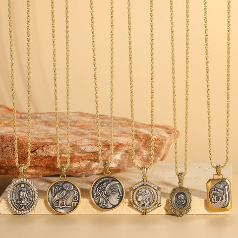 Vintage Coin Pendant Necklace Copper Zircon Greek Goddess Owl Retro Ethnic Clavicle Chain Jewelry For Women