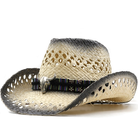 Cappello Da Cowboy In Paglia Traforato Sfumato Tesa Larga Fascia Etnica Testa Di Toro In Metallo Protezione Solare Uomo Donna