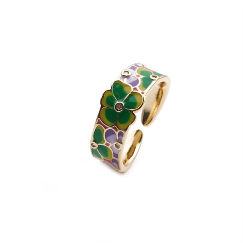 Bague Ouverte Émail Fleur Cœur Cuivre Plaqué Or Ajustable Zircon Bijoux Géométriques Colorés Pour Femme