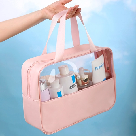Portable Cosmetic Bag Transparent PVC Waterproof PU Leather Toiletry Storage Pouch Travel Makeup Organizer With Handle Zipper