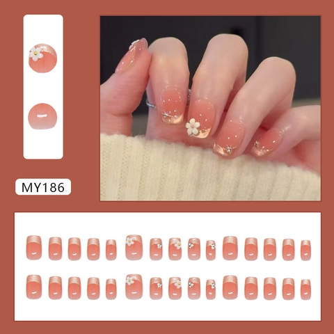 French Gradient Press On Nails With 3D Daisy Flowers Rhinestones And Gold Glitter Square Shape Sweet Style For Women