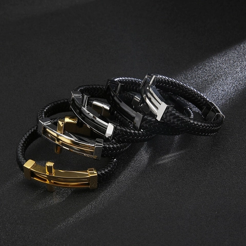 Men Woven Leather Bracelet With Stainless Steel Cross Charm Magnetic Clasp Fashion Casual Jewelry