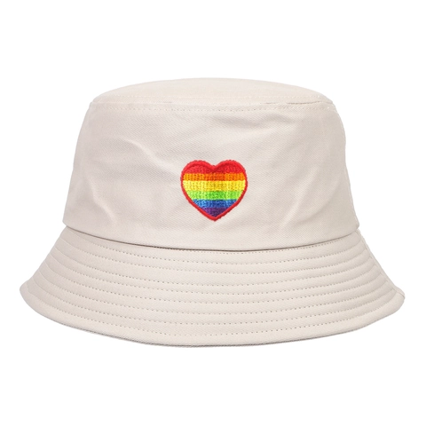 Rainbow Heart Embroidery Bucket Hat Pure Cotton Sun Protection Fisherman Hat For Women Outdoor Summer Travel Cap