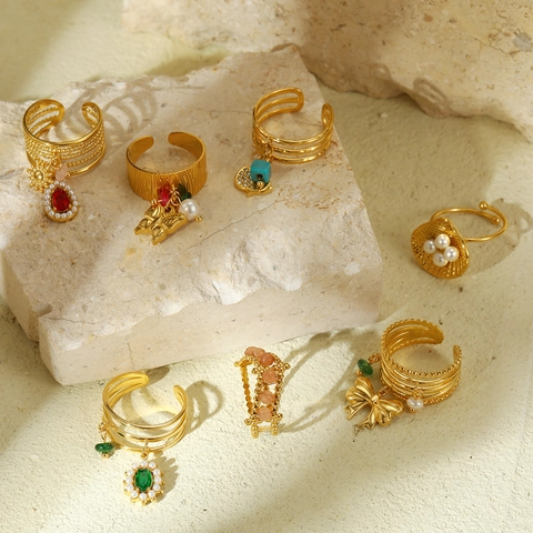 Anello Aperto in Acciaio Inossidabile Vintage Francese per Donna Design con Perla Artificiale e Pietra Naturale Elegante Anello Regolabile Placcato Oro