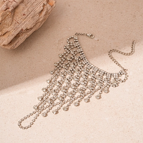 Rhinestone Tassel Hand Harness Mesh Copper Slave Bracelet With Ring For Women Party Banquet Jewelry Silver Tone