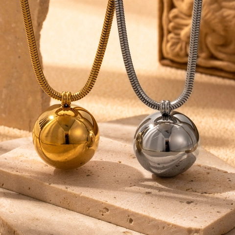 Minimalist Stainless Steel Sphere Pendant Necklace Chic Mirror Finish Gold Snake Chain Jewelry Unisex Geometric