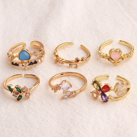 Adjustable Open Ring Copper Gold Plated Colorful Zircon Heart Flower Butterfly Design Sweet Fresh Style For Women