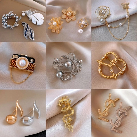 Vintage Brooch Pins For Women Alloy Faux Artificial Pearl Rhinestone Elegant Flower Animal Suit Lapel Accessory Fashion Jewelry