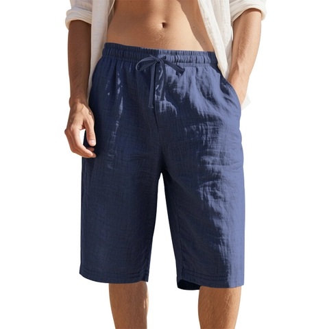 Men Linen Casual Shorts Breathable Summer Beach Straight Leg Drawstring Elastic Waist Solid Color