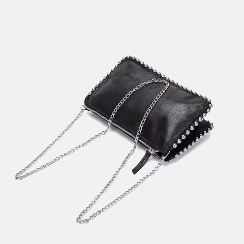 Fashion Women Studded Crossbody Bag PU Leather Denim Rivet Decor Metal Chain Strap Zipper Clutch Shoulder Bag