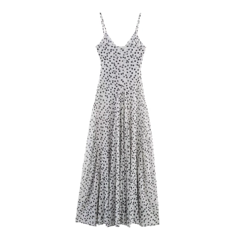 Damen Polka Dot Cami Maxikleid Ärmellos Netz V Ausschnitt Elegant A Linien Langes Kleid Sommer Mode