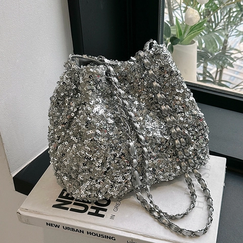 Pailletten Eimertasche Damen Glänzend Abendtasche Party Schultertasche Umhängetasche Nischendesign Metallkette Kordelzug