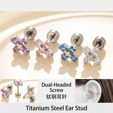 Titanium Steel Cross Cartilage Earrings With Square Zircon Screw Back Stud For Women Girls