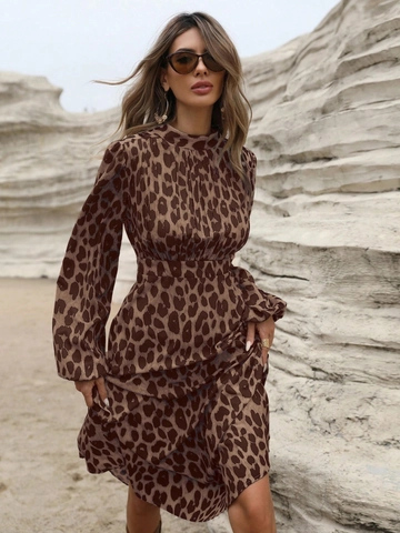 Vestito Maxi Con Stampa Leopardata Da Donna Maniche Lunghe Collo Alto Vestibilità Slim Poliere Elastan Stile Boho Western