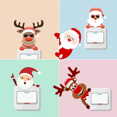 Weihnachts Lichtschalter Wandsticker Cartoon Weihnachtsmann Rentier PVC Abnehmbare Aufkleber Feiertag Deko