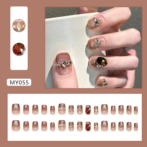 Handmade Press On Nails Cat Eye Gradient Brown Rhinestone Amber Gemstone Luxury Elegant Square Oval Short For Women