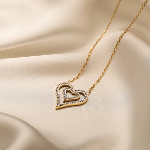 Dubbel Hart Hanger Ketting Roestvrij Staal Zirkoon Ingelegd Minimalistische Sleutelbeen Ketting Voor Vrouwen