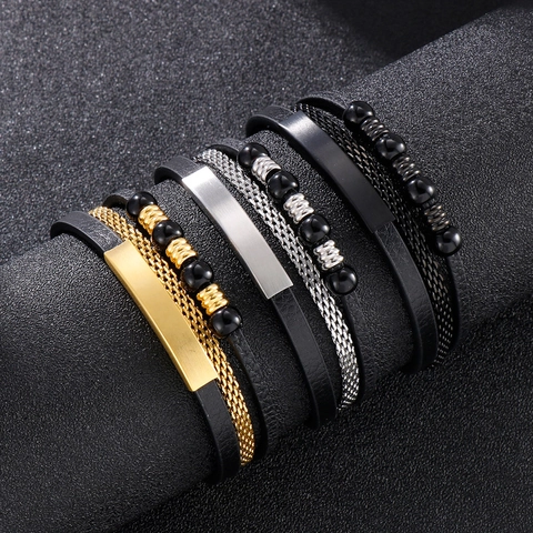 Men Multi-layer Braided Leather Stainless Steel Bracelet Stackable Punk Vintage Beads Magnetic Buckle Jewelry For Him