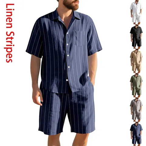Chemise Et Short En Lin À Rayures Pour Hommes Été Plage Décontracté Ample Manches Courtes Boutonné Poche Rayures Verticales