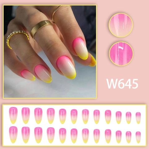 Uñas Postizas A Presión Degradado Rosa Amarillo Forma Almendra Uñas Largas Brillantes Color Cálido Manicura