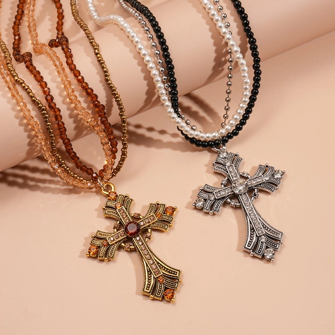 Vintage Multi Layer Necklace For Women With Alloy Rhinestone Cross Pendant And Glass Artificial Pearl Beaded Chain Gothic Style