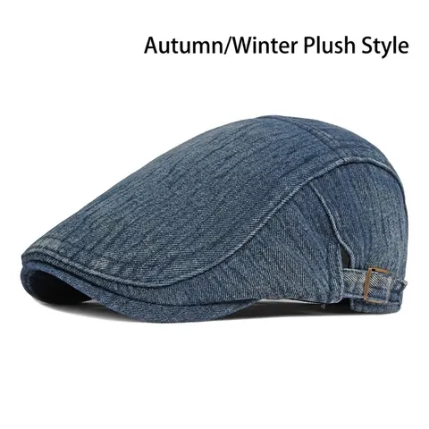 Washed Denim Flat Cap Fleece Lined Winter Warm Hat British Vintage Adjustable Ivy Beret For Men Women