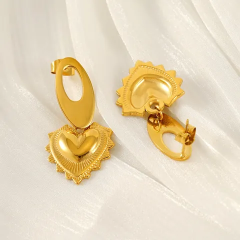 Vintage Herz Tropfen Ohrringe Strahlendes Sonnenmuster 18K Vergoldeter Edelstahl Schmuck Für Frauen