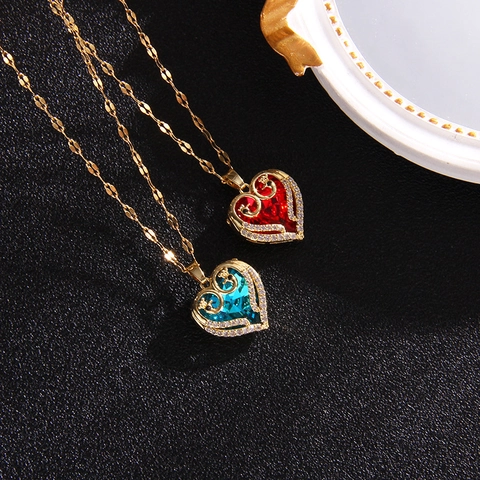 Heart Pendant Necklace Titanium Steel Angel Wings Crystal Cubic Zirconia Romantic Trendy Jewelry For Women