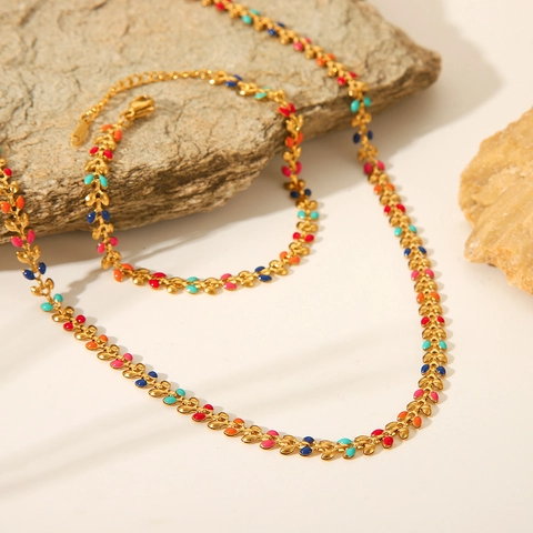 Stainless Steel Olive Leaf Necklace And Bracelet Colorful Enamel Bohemian Jewelry For Women Elegant Fashion Neck Chain Accessories