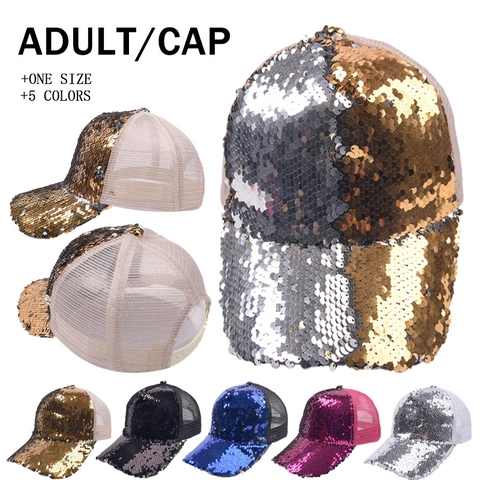 Sequin Baseball Cap Cotton Mesh Trucker Hat Adjustable Shiny Bling Sun Protection Outdoor Performance For Women