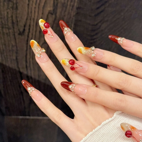 Handmade Cherry Wine Red Gradient Press On Nails 3D Cherry Rhinestone Bow Long Coffin Oval Stiletto Fake Nails Women Jewelry