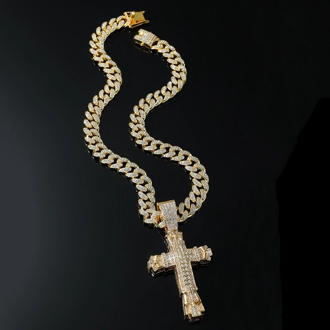 Hip Hop Iced Out Kruis Hanger Ketting Mannen Legering Strass Cubaanse Schakelketting Mode Sieraden Goud Zilver Vergulde Kettingen